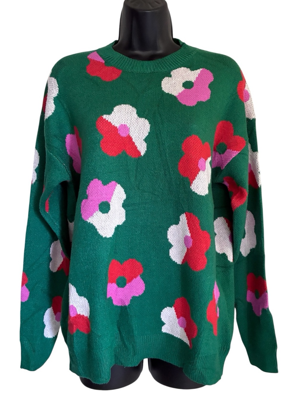 Retro 70s Style Cottagecore Green Pink Floral Crewneck Cozy Knit Sweater Sz L